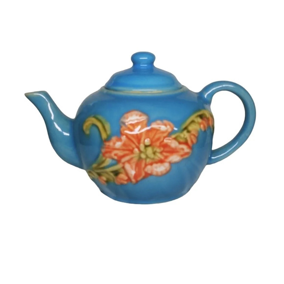 Flower  Pottery Teapot Turquoise - Picture 1 of 7